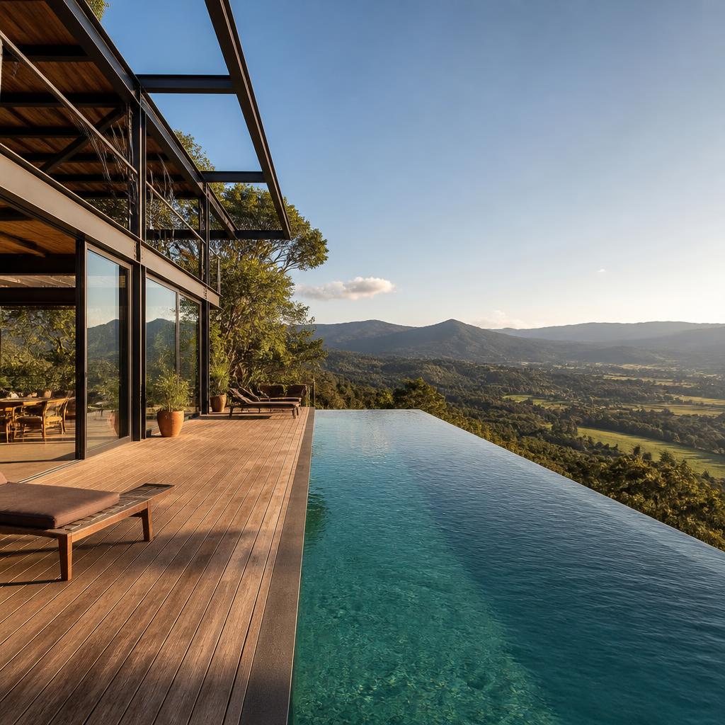 Piscina de borda infinita com deck de madeira e vista para o vale