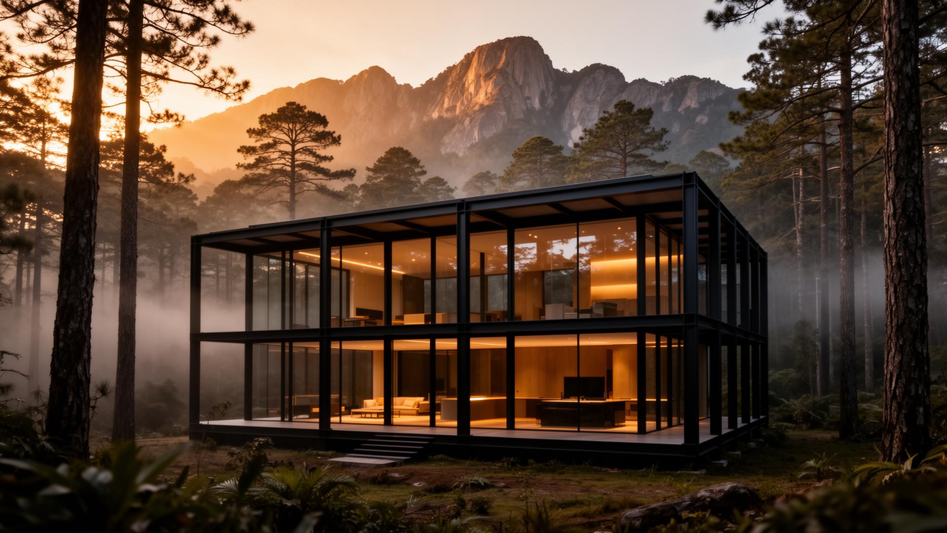 Casa de vidro contemporânea integrada à floresta ao entardecer